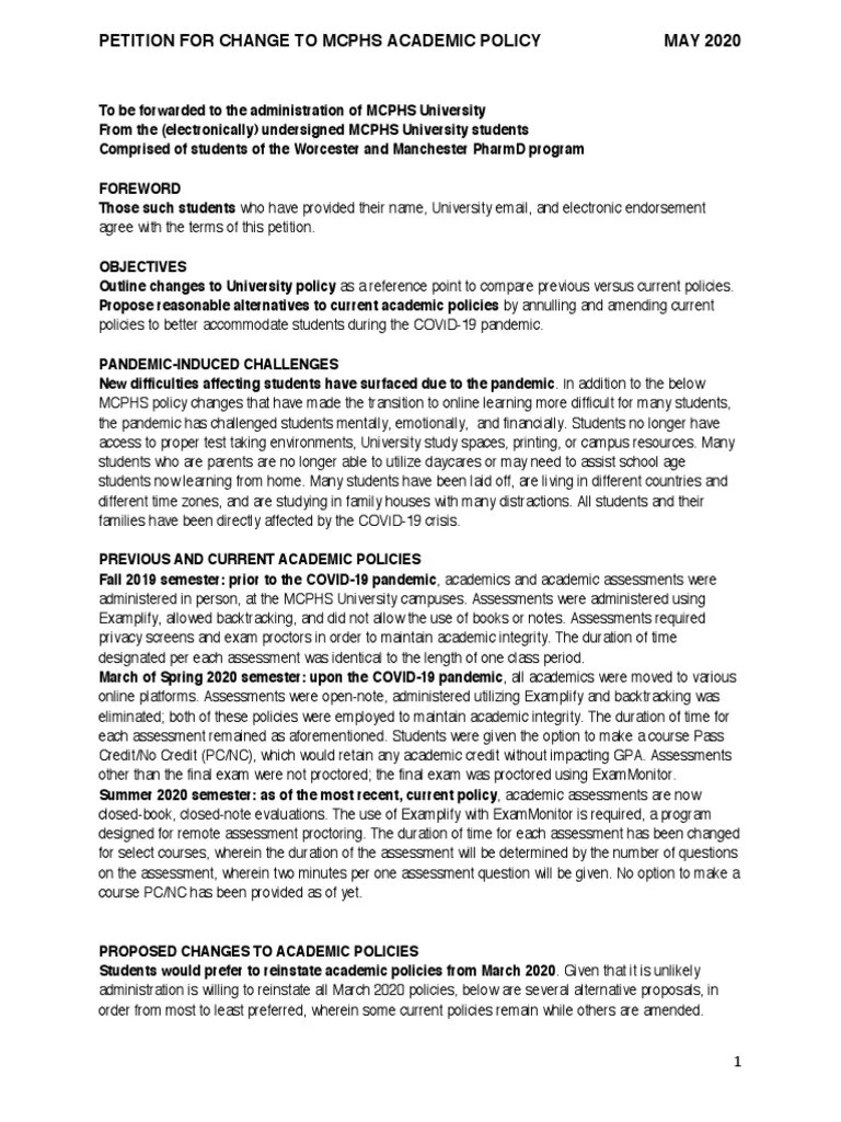 Petition For Change To MCPHS Academic Policy PDF Academic Term Test (Assessment)