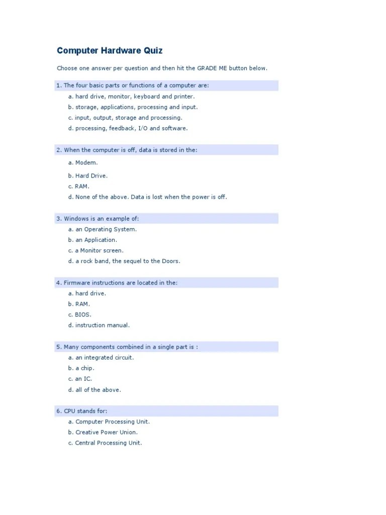 Computer Hardware Quiz Computer Data Storage Random Access Memory