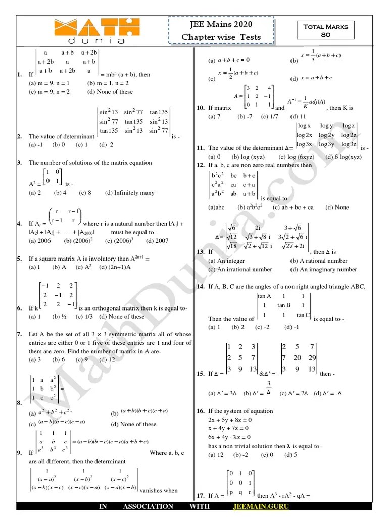 JEE Mains 2020 Chapter Wise Tests C B A C B A X PDF Determinant