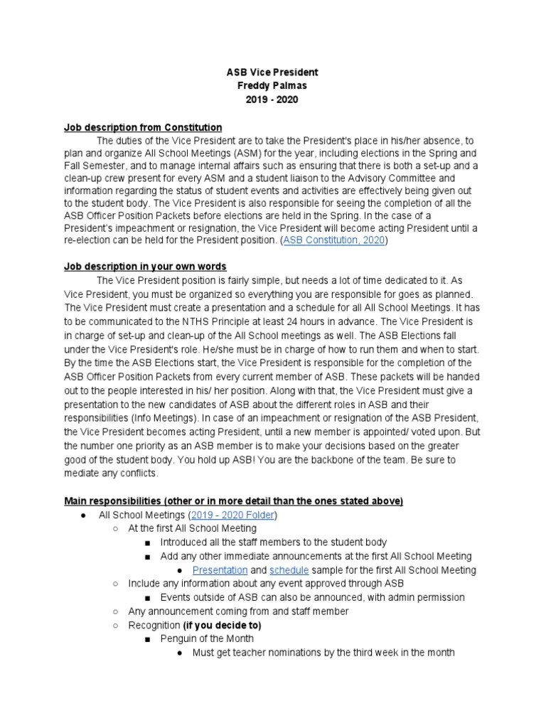 ASB Vice President Freddy Palmas 2019 2020 Job description from