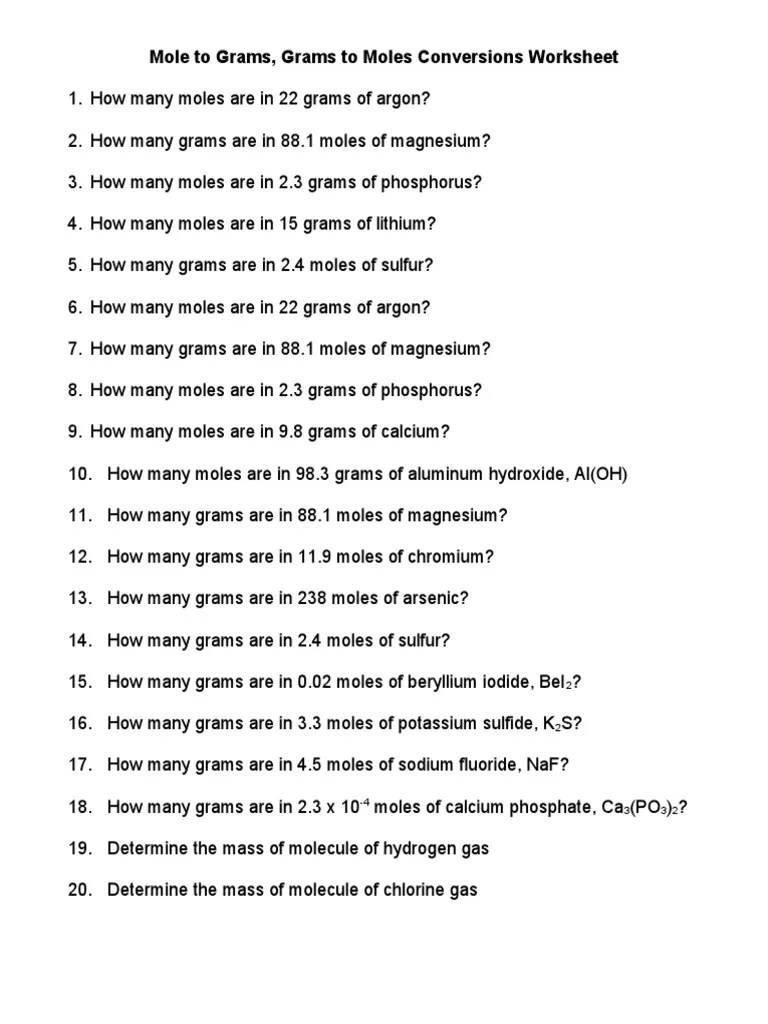 Mole To Grams Worksheet PDF