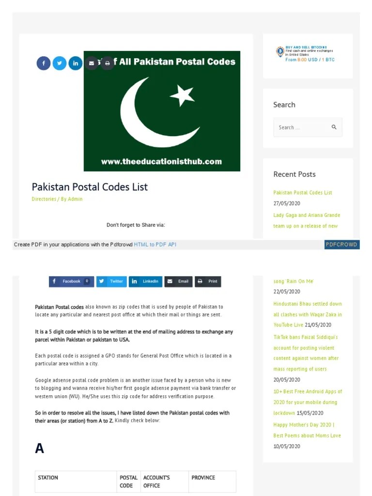 Postal Codes All Pakistan Cities Zip Code / Postcode Pakistan Postal