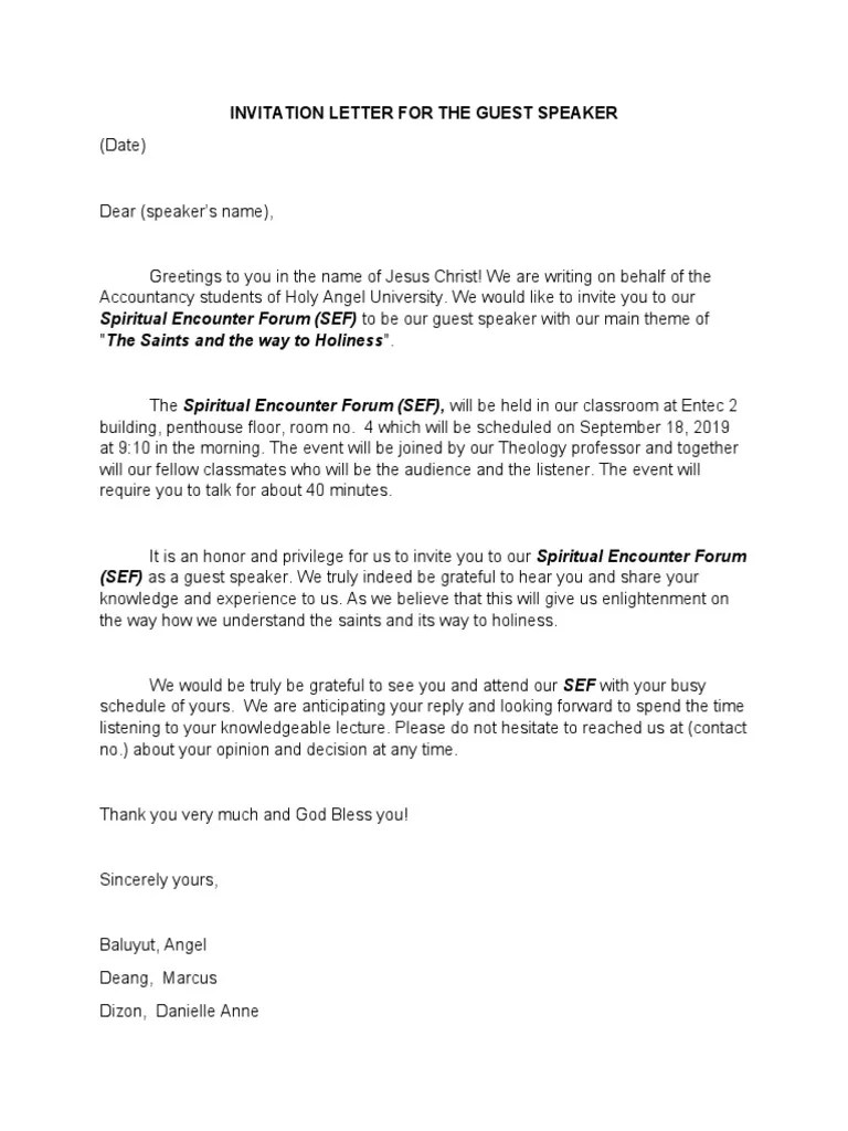 Invitation Letter For The Guest Speaker PDF