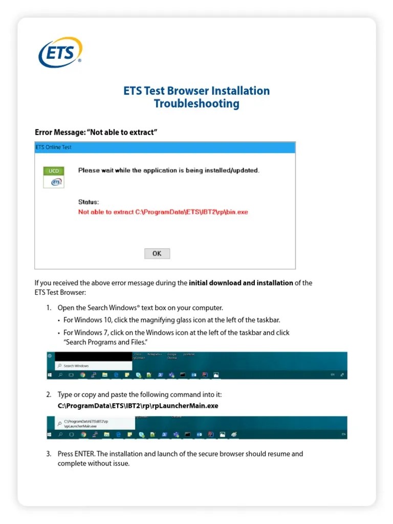 ETS Test Browser Installation Troubleshooting Error Message "Not Able