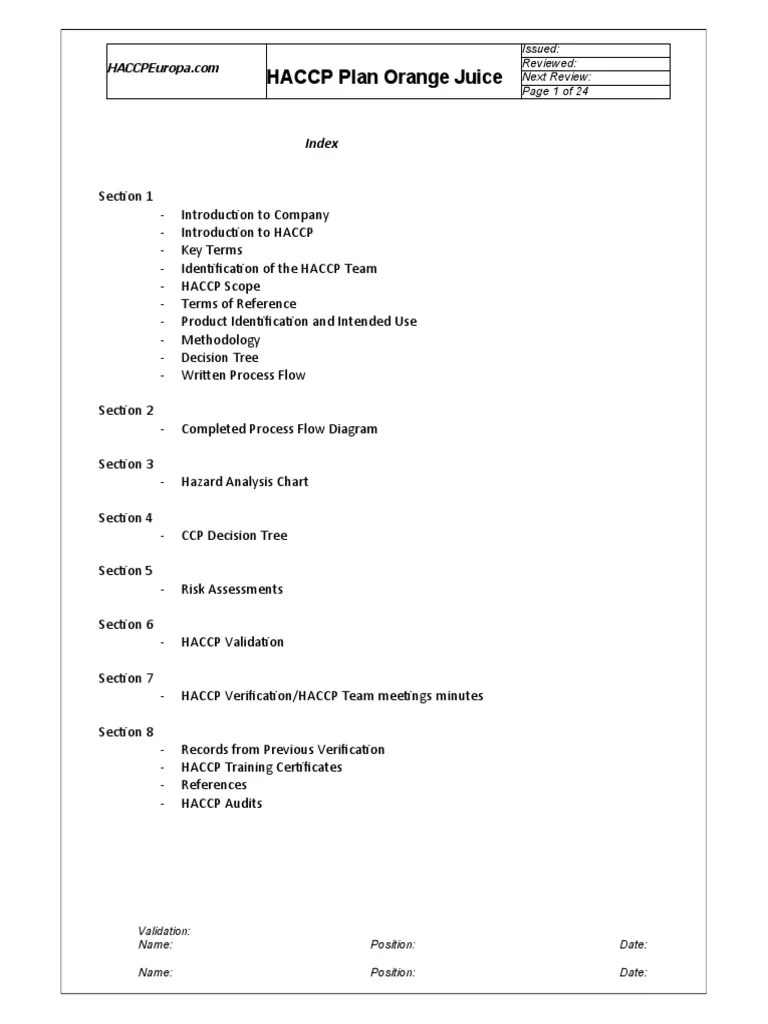 HACCP Plan Orange Juice Index PDF Hazard Analysis And Critical