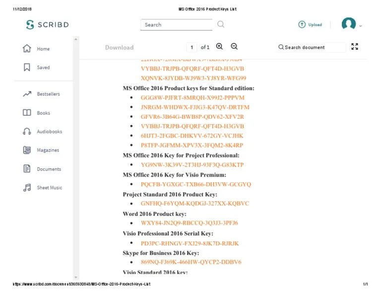 MS Office 2016 Product Keys List PDF Software Computing And