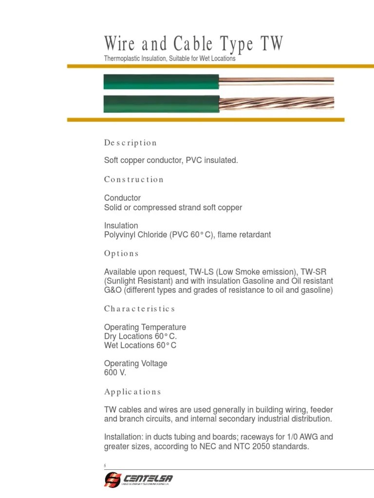 Wire and Cable Type TW Technical Specifications and Applications for