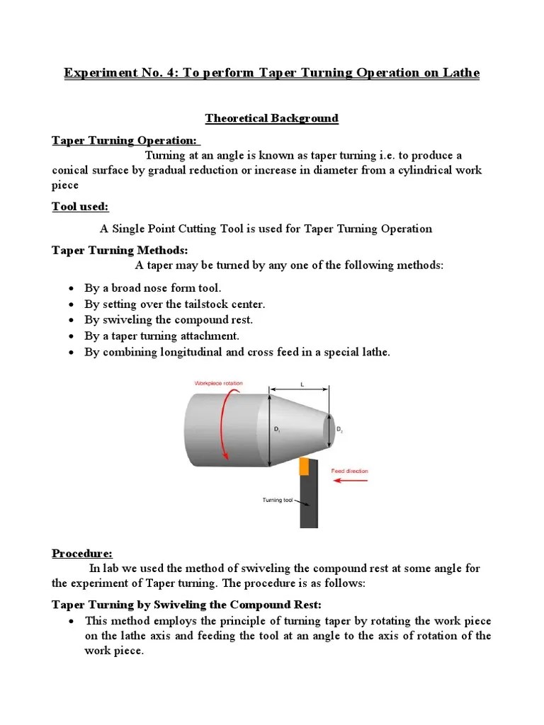Experiment No. 4 To Perform Taper Turning Operation On Lathe PDF