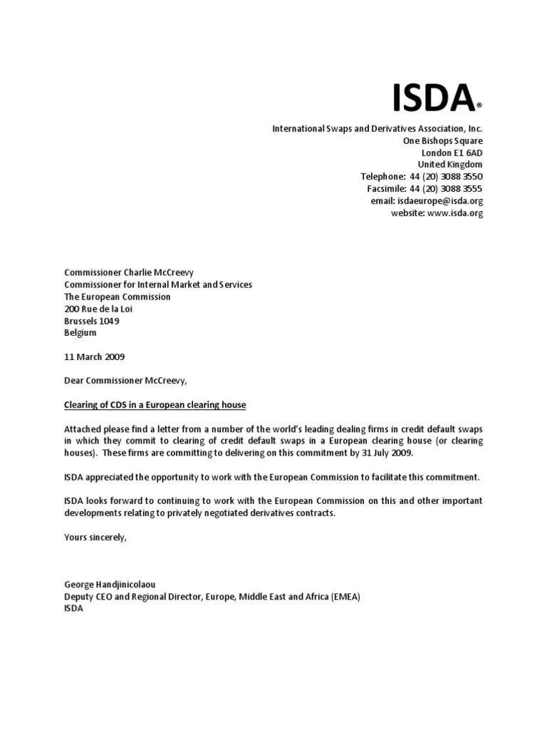 ISDA Commitment Letter on Clearing of CDS in a European Clearing House