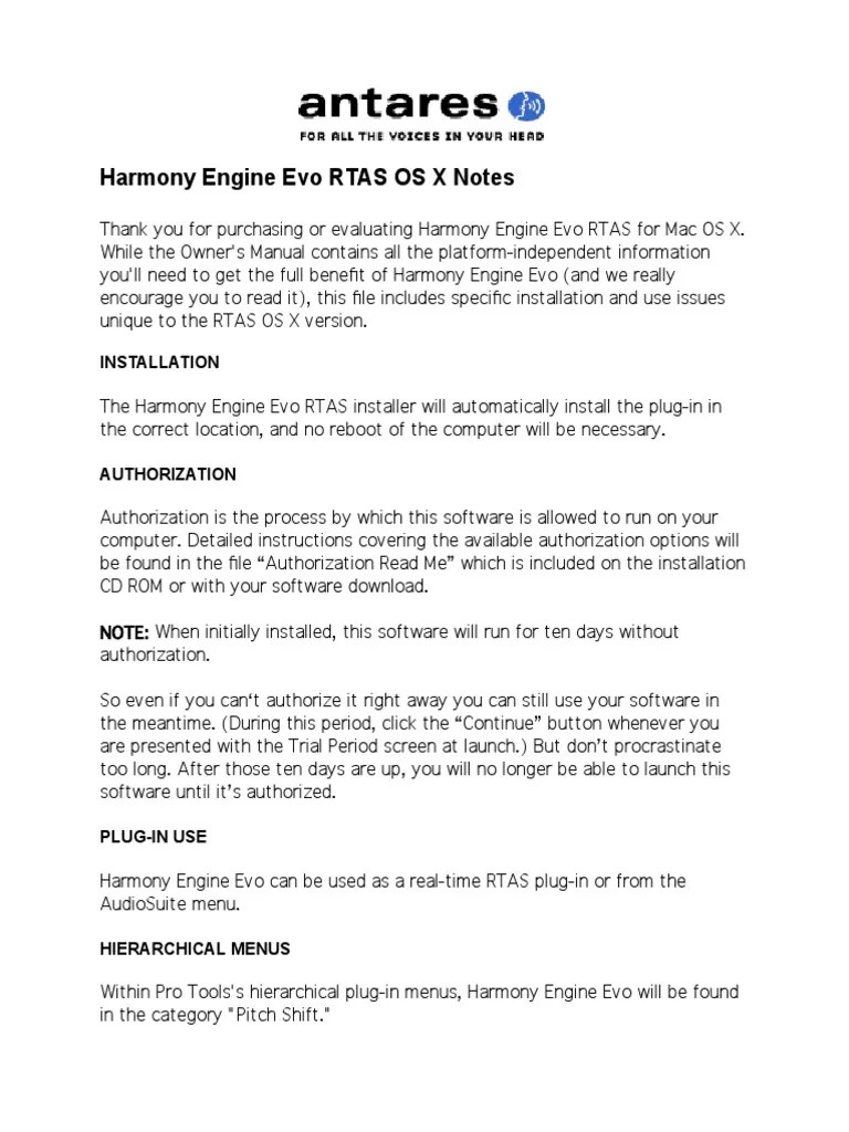Harmony Engine Evo RTAS OS X Read Me PDF PDF Mac Os Harmony
