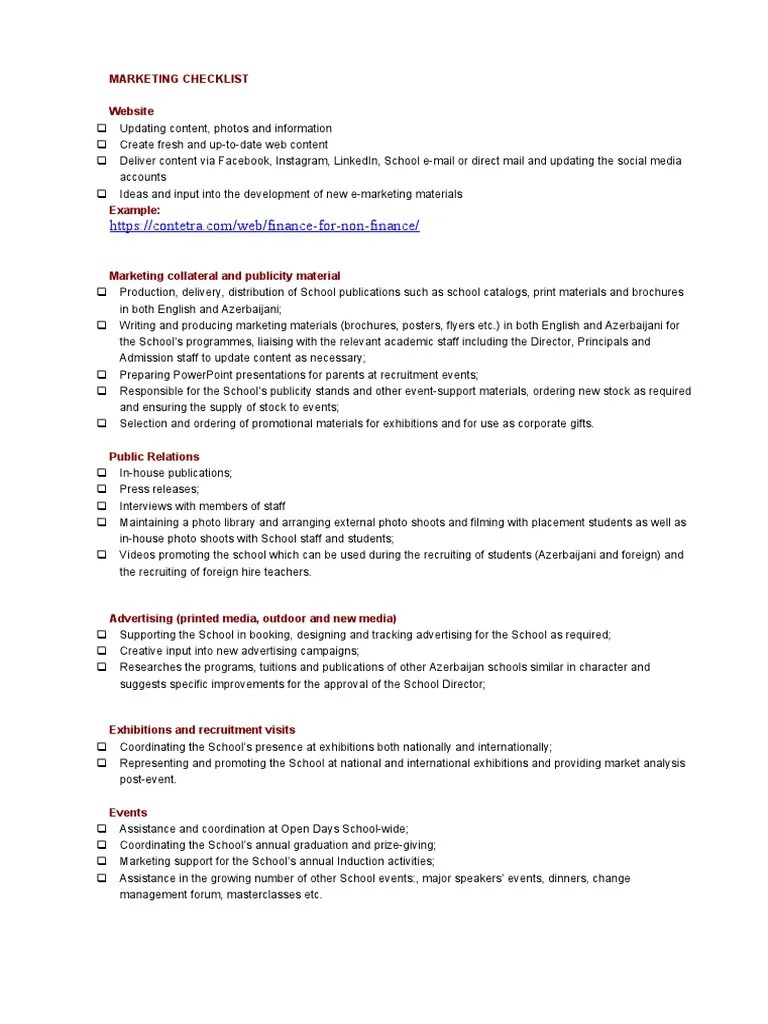 Marketing Checklist | PDF | Advertising | Recruitment