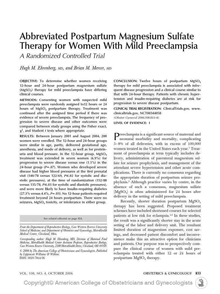 Abbreviated Postpartum Magnesium Sulfate Therapy.4 Hypertension