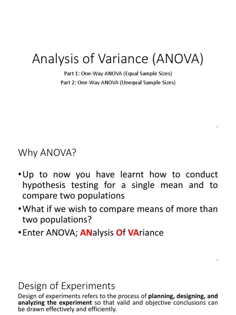 Analysis of Variance (ANOVA) Part 1 OneWay ANOVA (Equal Sample