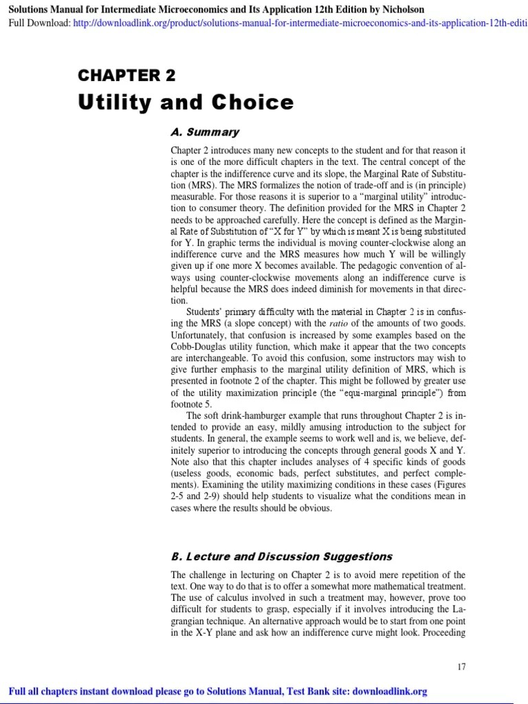 Solutions Manual For Intermediate Microeconomics And Its Application 12Th  Edition By Nicholson Pdf | Pdf | Utility | Microeconomics
