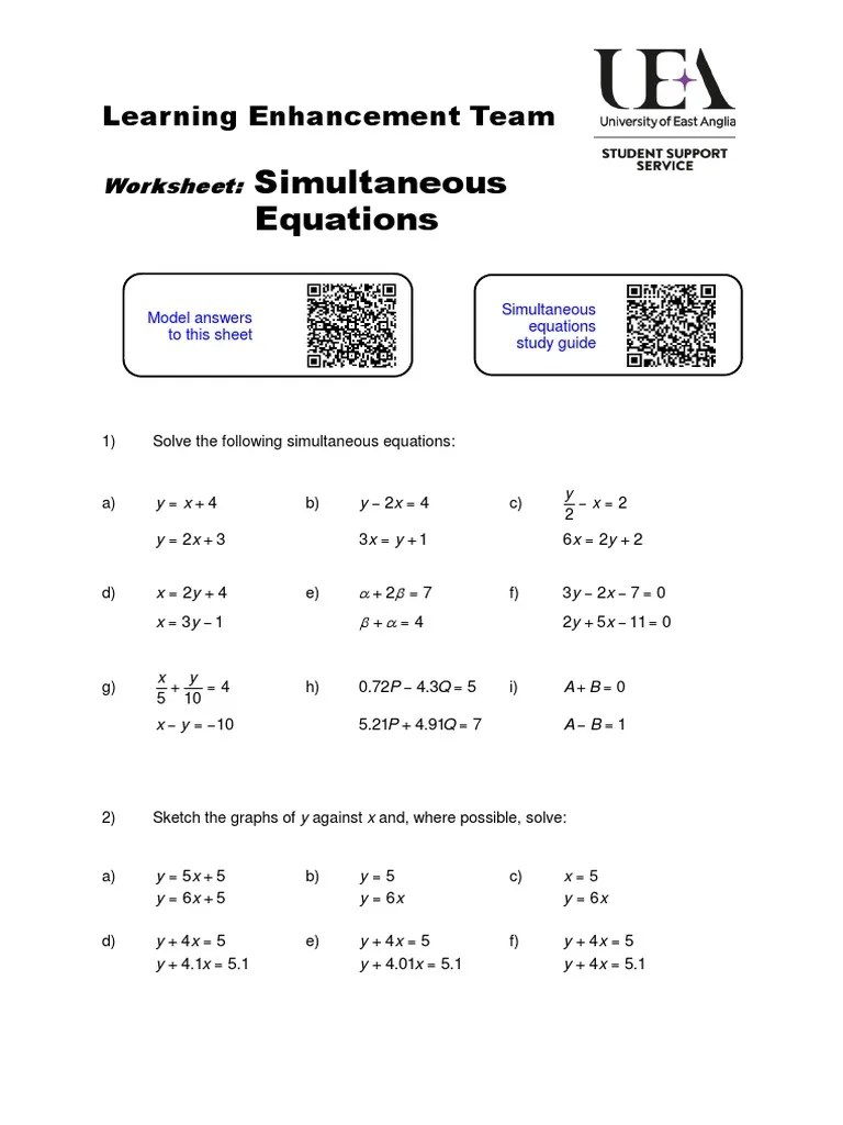 Simultaneous Equations Worksheet PDF Equations Mathematical Objects