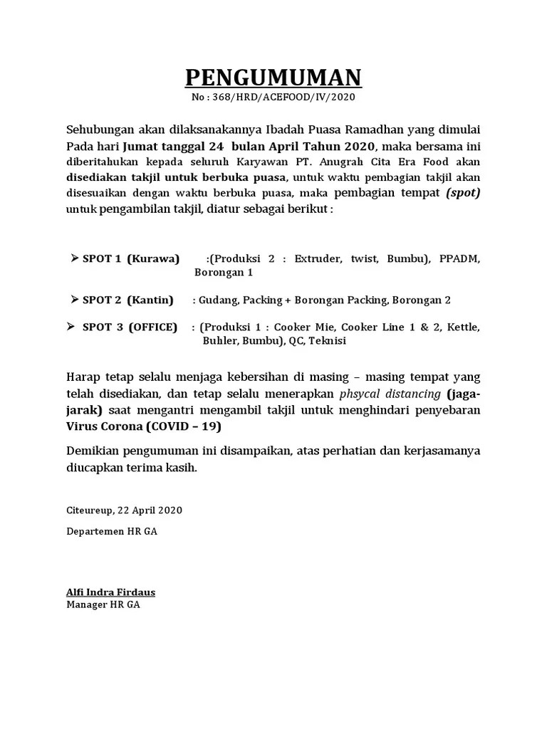 Pengumuman Pembagian Takjil 2020 | PDF