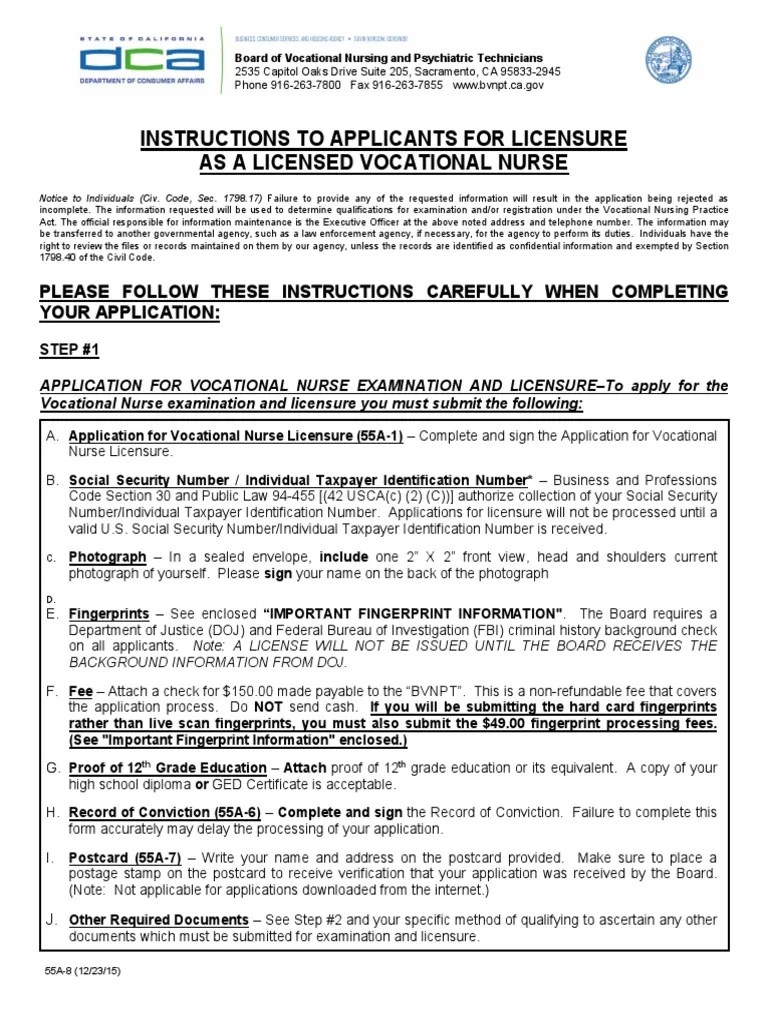 Instructions To Applicants For Licensure As A Licensed Vocational Nurse