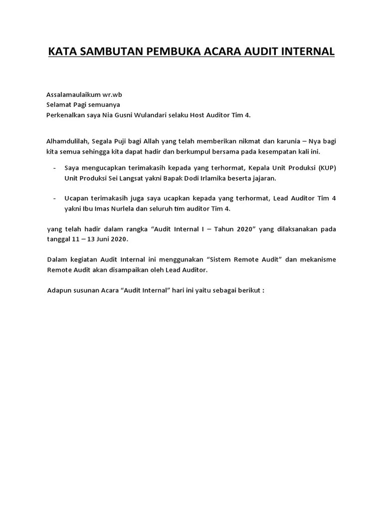 Kata Sambutan Pembuka Acara Audit Internal | PDF