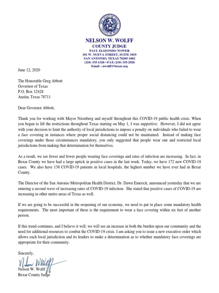 Letter From Judge Wolff to Governor Abbott (06!12!2020)