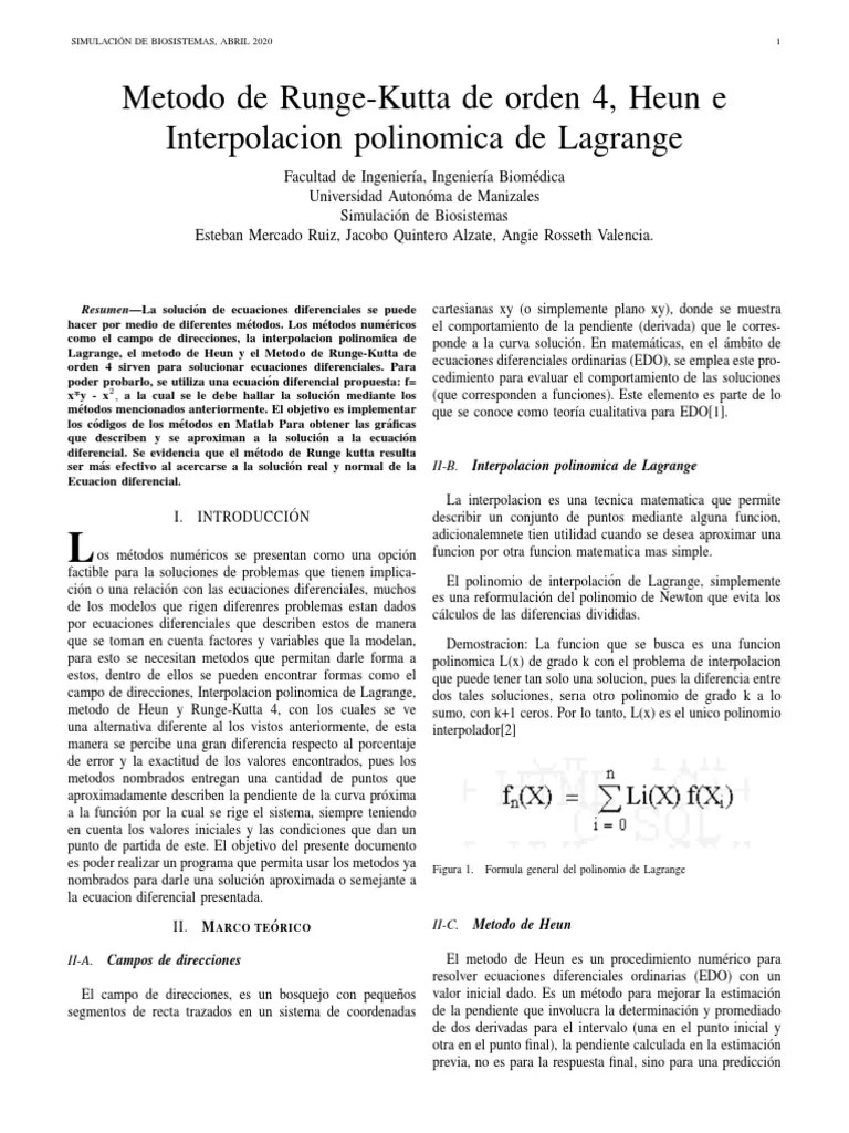 Runge Kutta Orden 4 en Matlab y Su Aplicacion en Ecuaciones