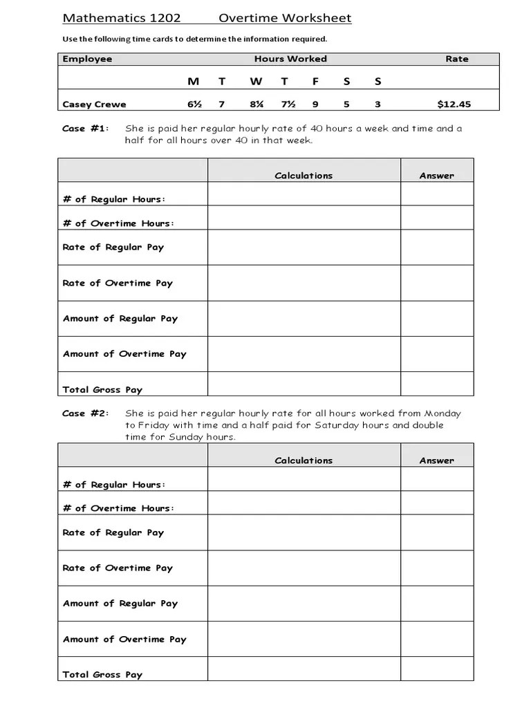 Mathematics 1202 Overtime Worksheet M T W T F S S PDF Overtime Expense