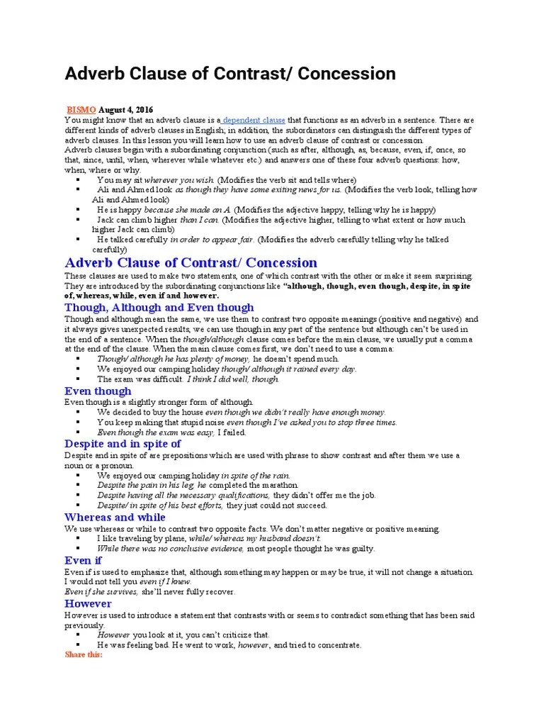 Adverb Clause of Contrast/ Concession PDF Adverb Clause