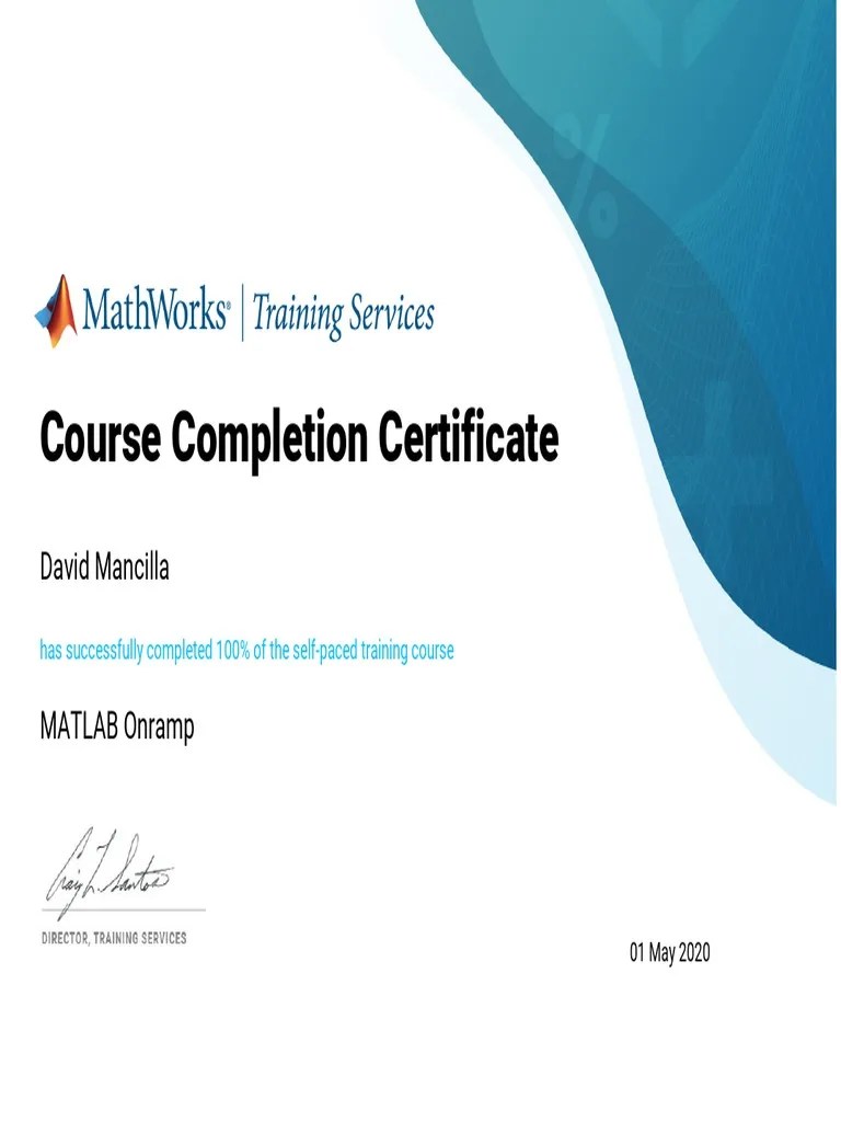 Matlab OnRamp Certificate PDF