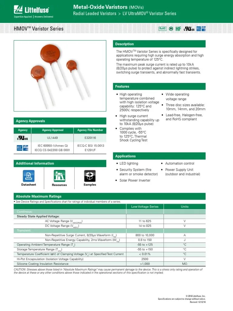 Littelfuse Varistor HMOV Datasheet pdf1013889 PDF PDF Electrical