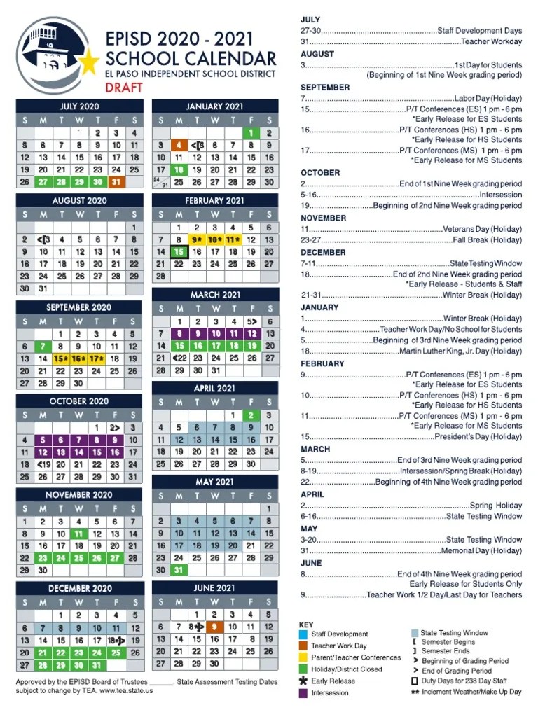 Encinitas School District Calendar 21 22 Final 202021 EPISD Student Calendar 6.04.20