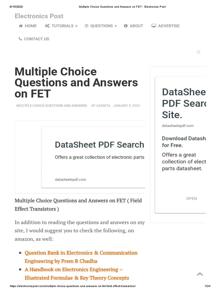 Multiple Choice Questions and Answers On FET Electronics Post PDF PDF Field Effect