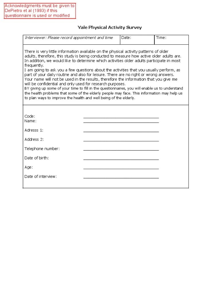 Yale Physical Activity Survey PDF Questionnaire Survey Methodology