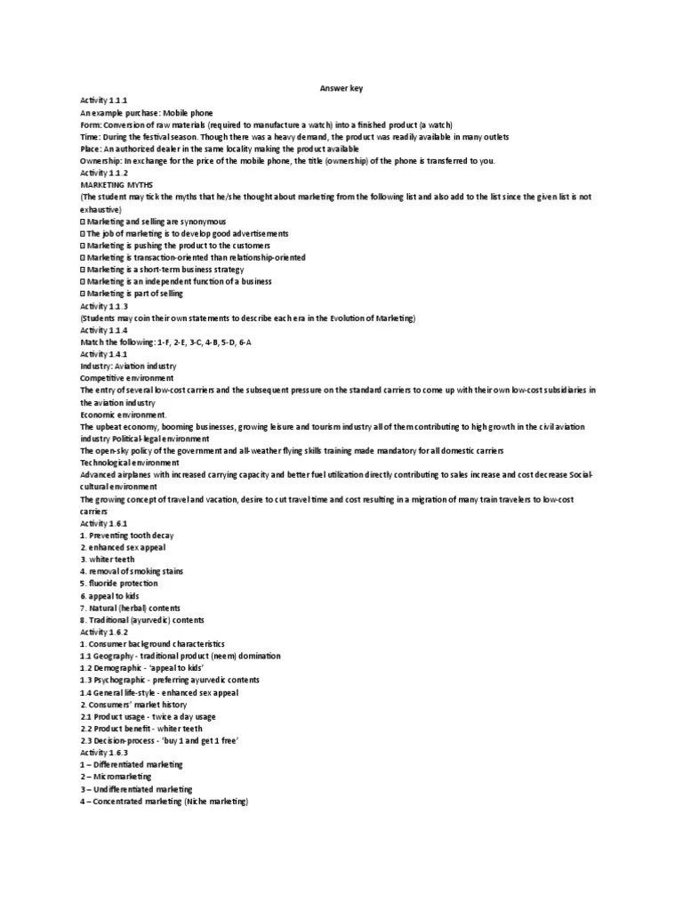 Answer Key For Marketing | PDF | Influence (Social And Political