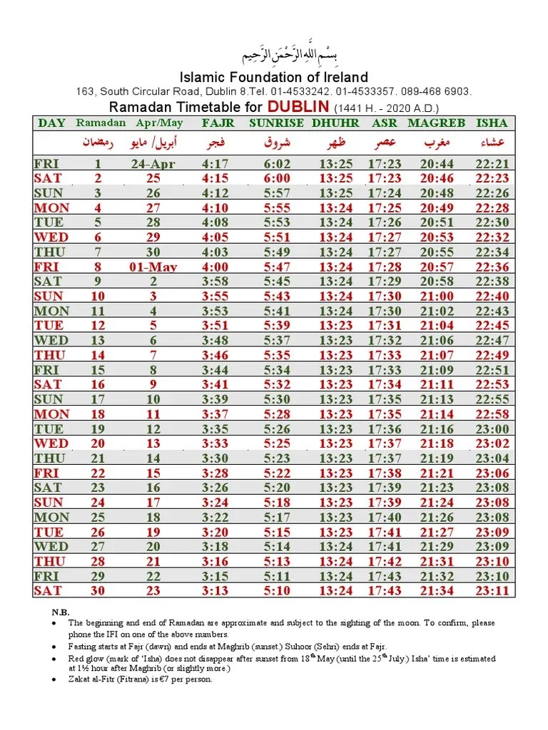 Ramadan Timetable for Dublin Fajr, Sunrise, Dhuhr, Asr, Maghreb, and