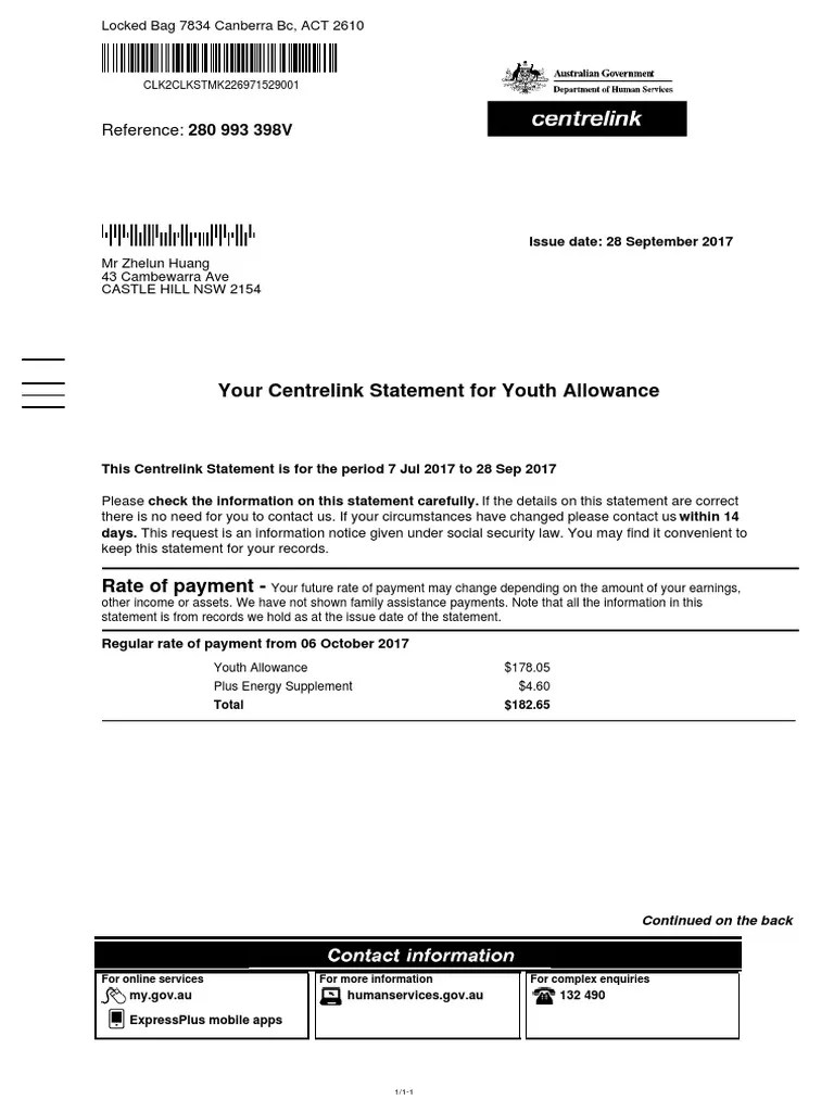 Your Centrelink Statement For Youth Allowance Reference 280 993 398V PDF Saving Payments