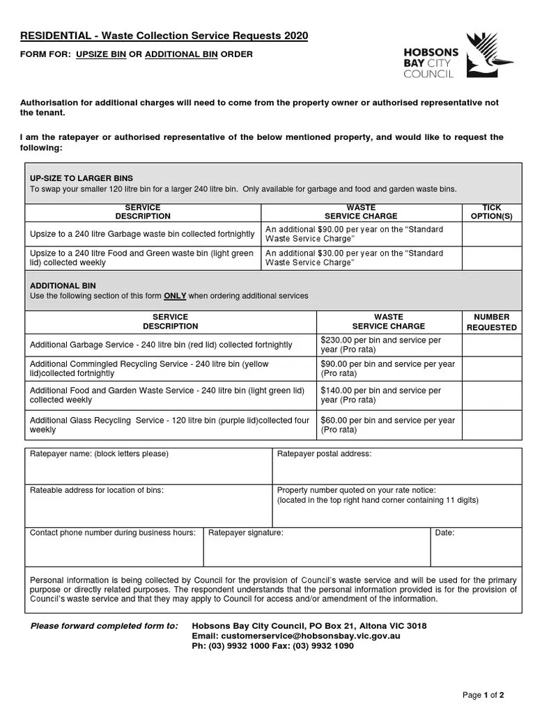 Upsize or Order Additional Bins Application PDF Recycling Waste