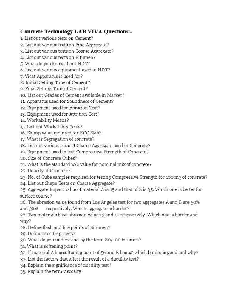 LAB VIVA Questions PDF Construction Aggregate Concrete