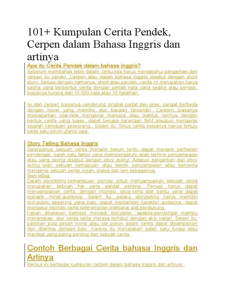 101+ Kumpulan Cerita Pendek, Cerpen Dalam Bahasa Inggris Dan Artinya | PDF