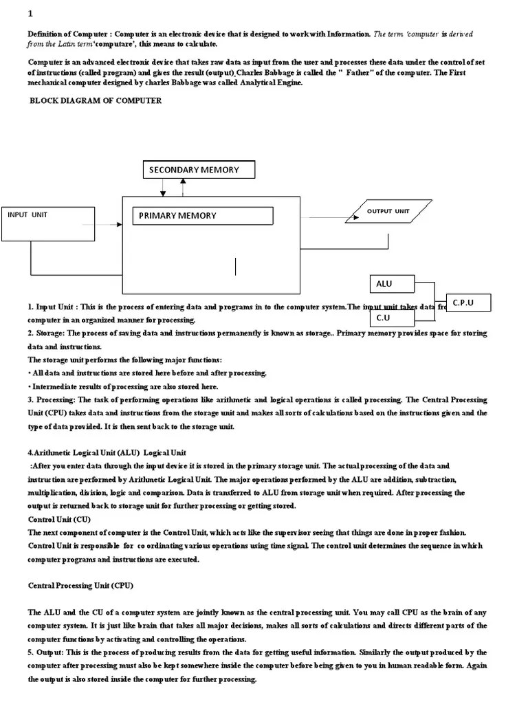 From The Latin Term Computare', This Means To Calculate. Input Unit PDF Printer