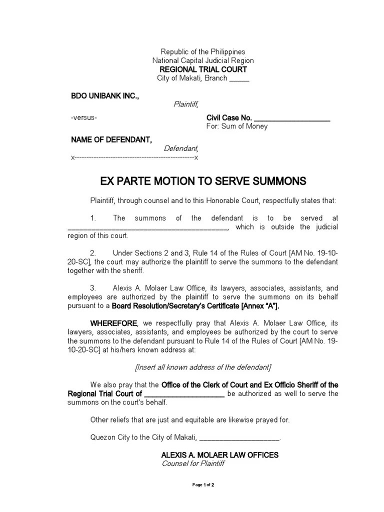 Sample Ex Parte Motion To Serve Summons (Outside Metro Manila) PDF