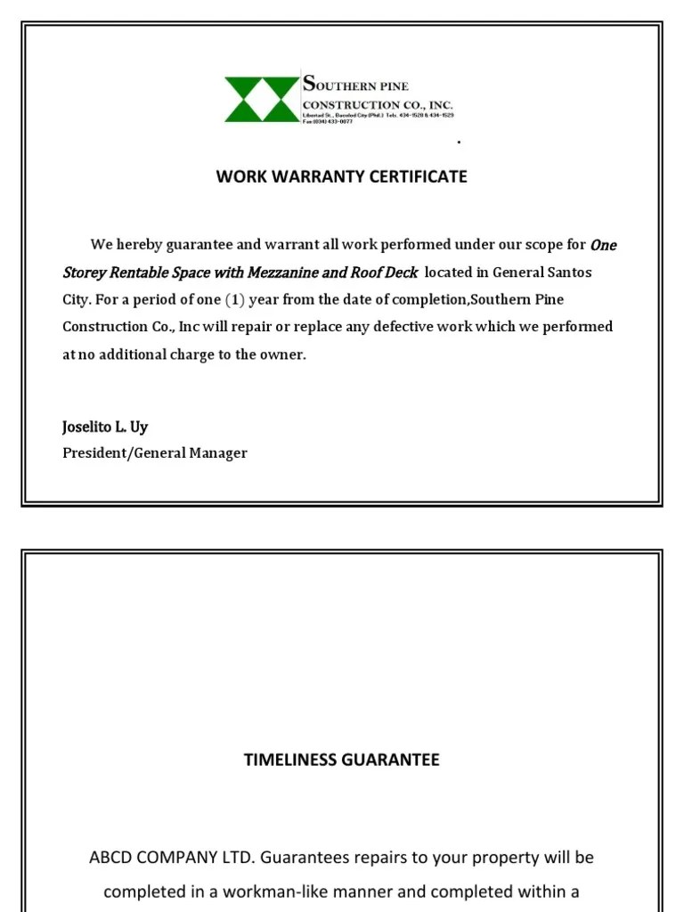 Warranty Certificate Format PDF
