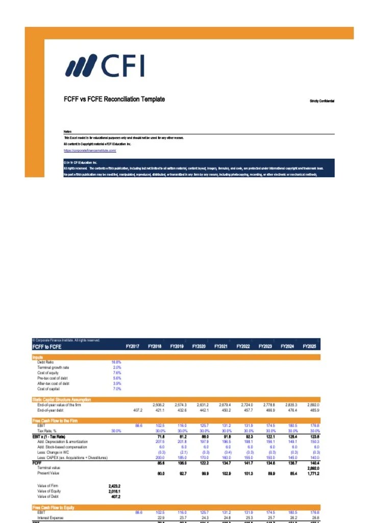 FCFF Vs FCFE Reconciliation Template PDF Free Cash Flow Balance Sheet