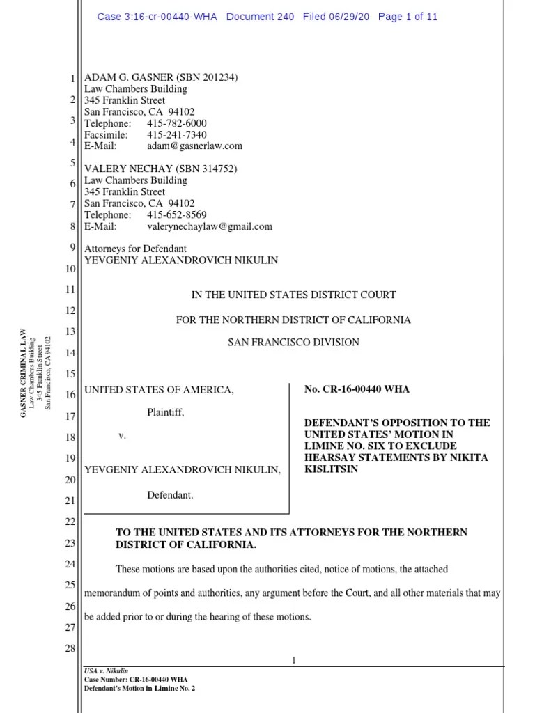 Defendant's Opposition To The United States' Motion in Limine No. Six