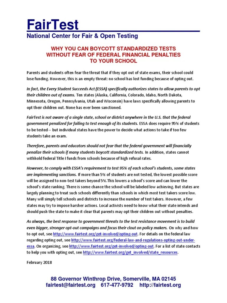 ESSA OptOut Factsheet PDF Standardized Tests Test (Assessment)