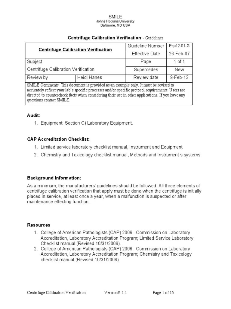 Equ1201 Centrifuge Cal Verfn SOP PDF Calibration Verification