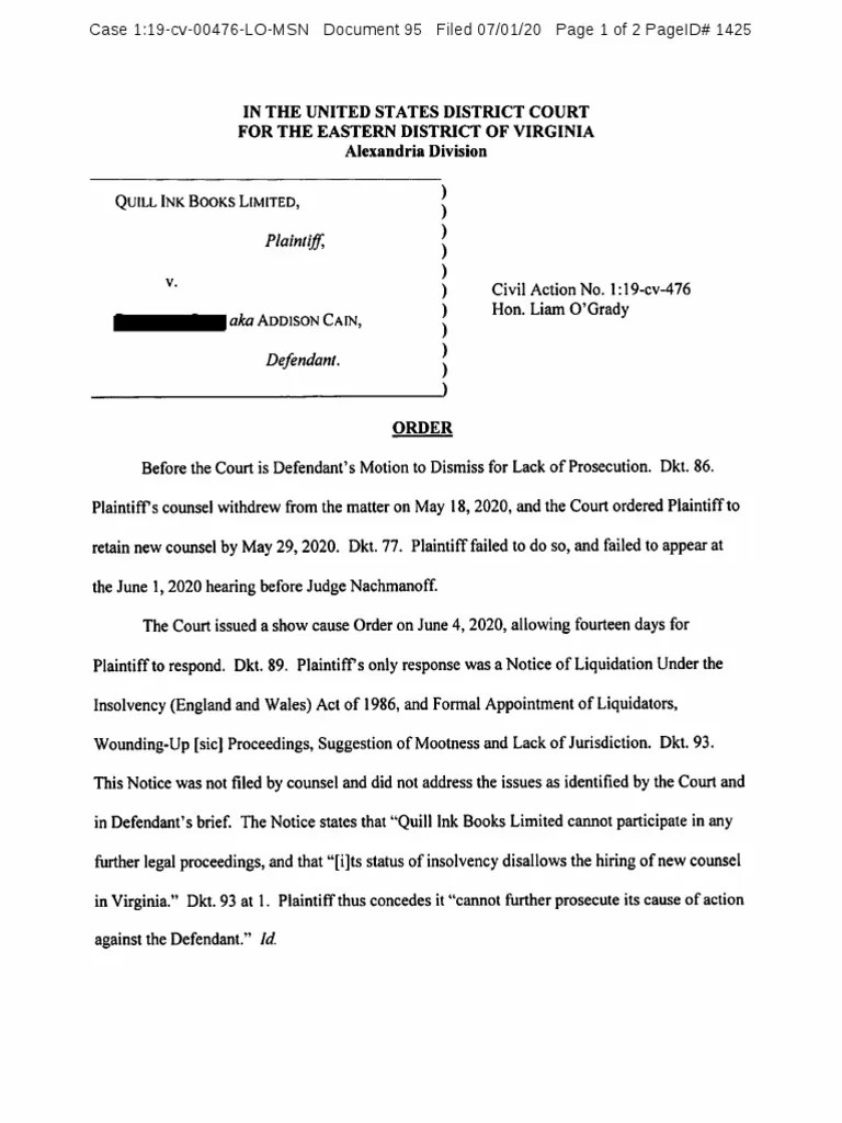 Order Granting Motion To Dismiss For Lack of Prosecution Granted PDF