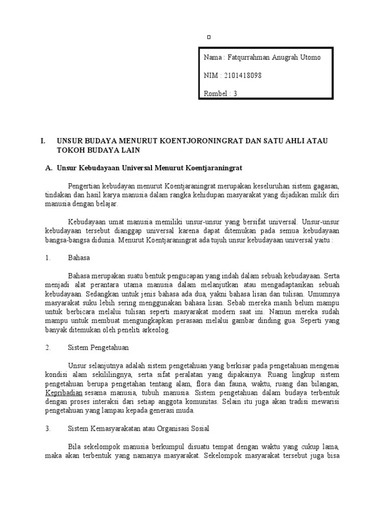 Unsur Budaya Menurut Koentjoroningrat Dan Satu Ahli Atau Tokoh Budaya Lain  | PDF