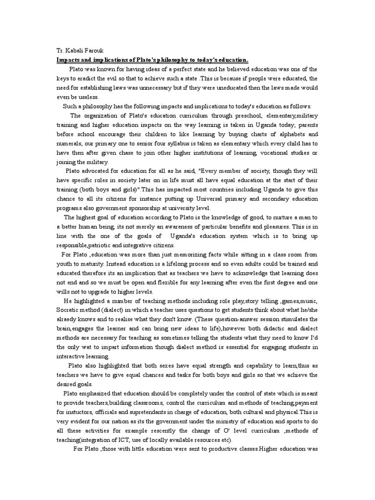 Implications of Plato's Philosophy PDF Teachers Curriculum