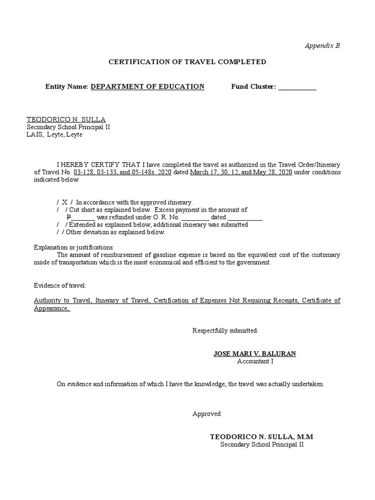 Certificate of Travel Completed