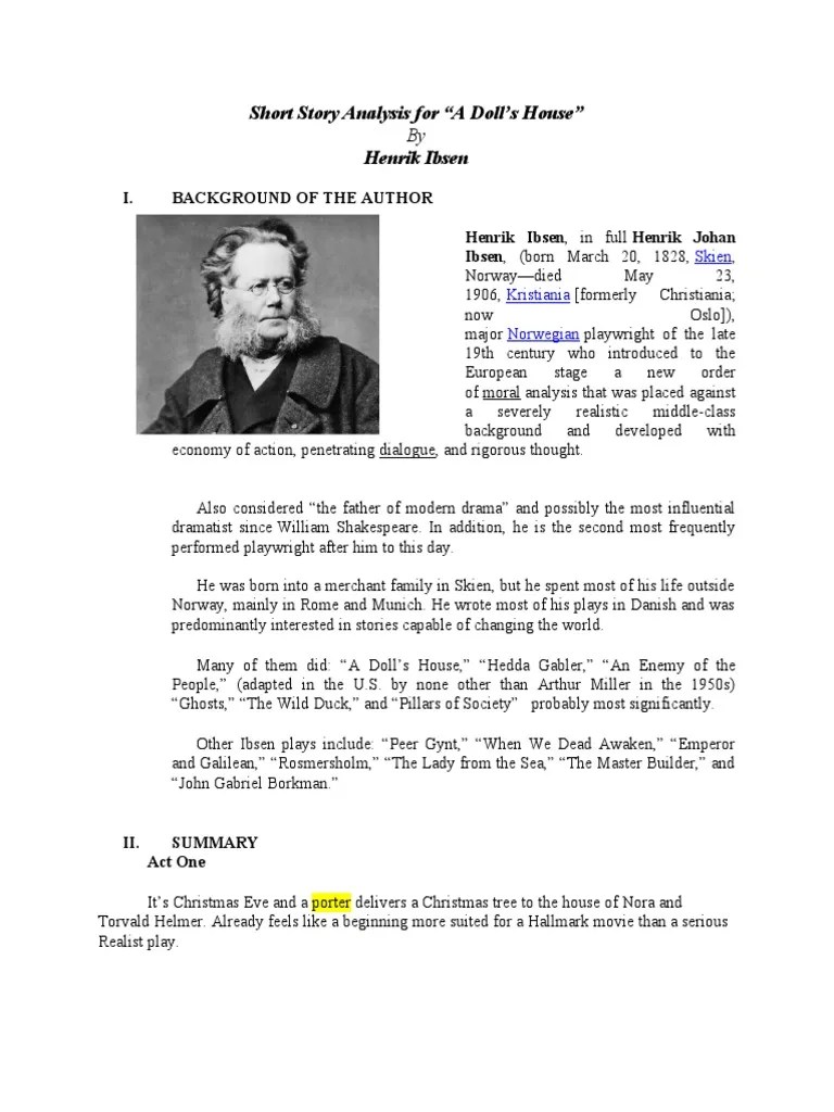 Short Story Analysis For "A Doll's House" Henrik Ibsen PDF A Doll's