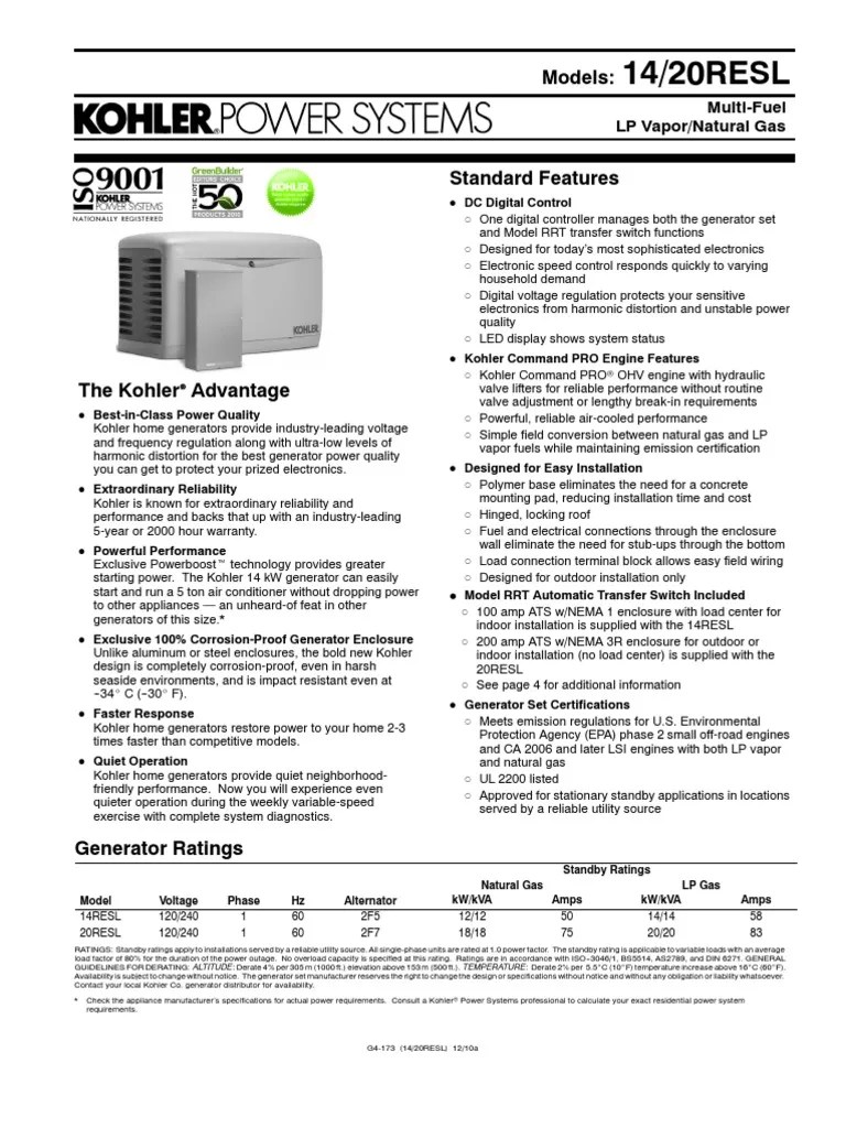 Kohler 20resl 14resl Specifications PDF Electric Generator Engines